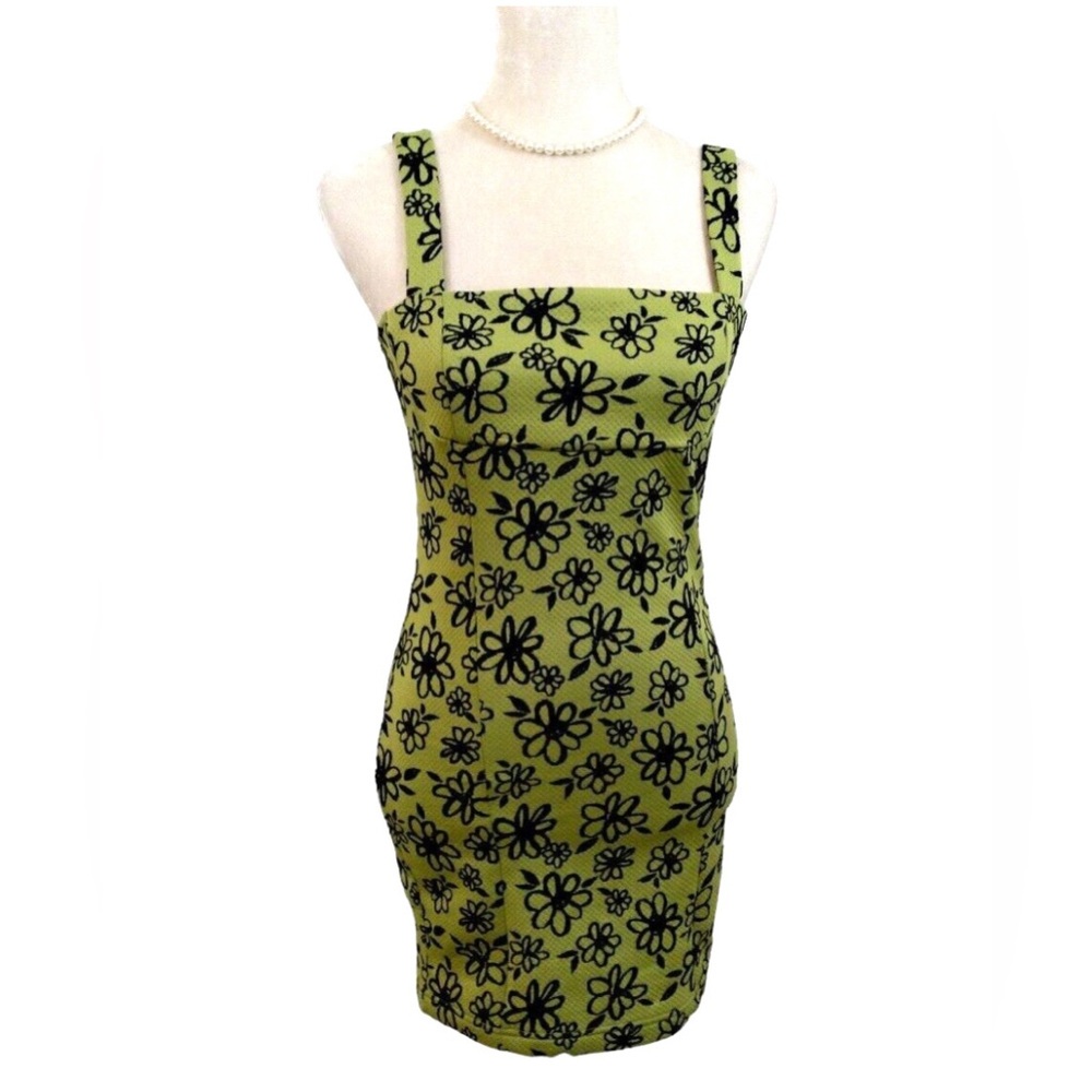 NWT Forever 21 Green Floral Square Neck Stretchy MINI Dress Sz Small